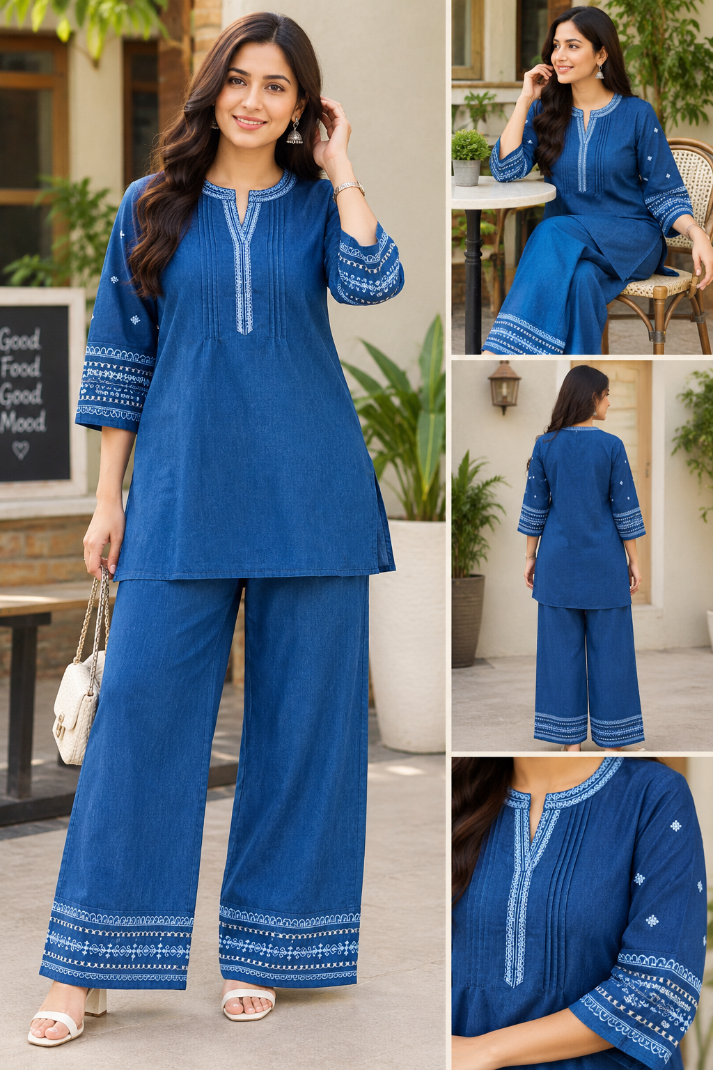 Women’s Royal Blue Embroidered Kurta Pant Co-Ord Set