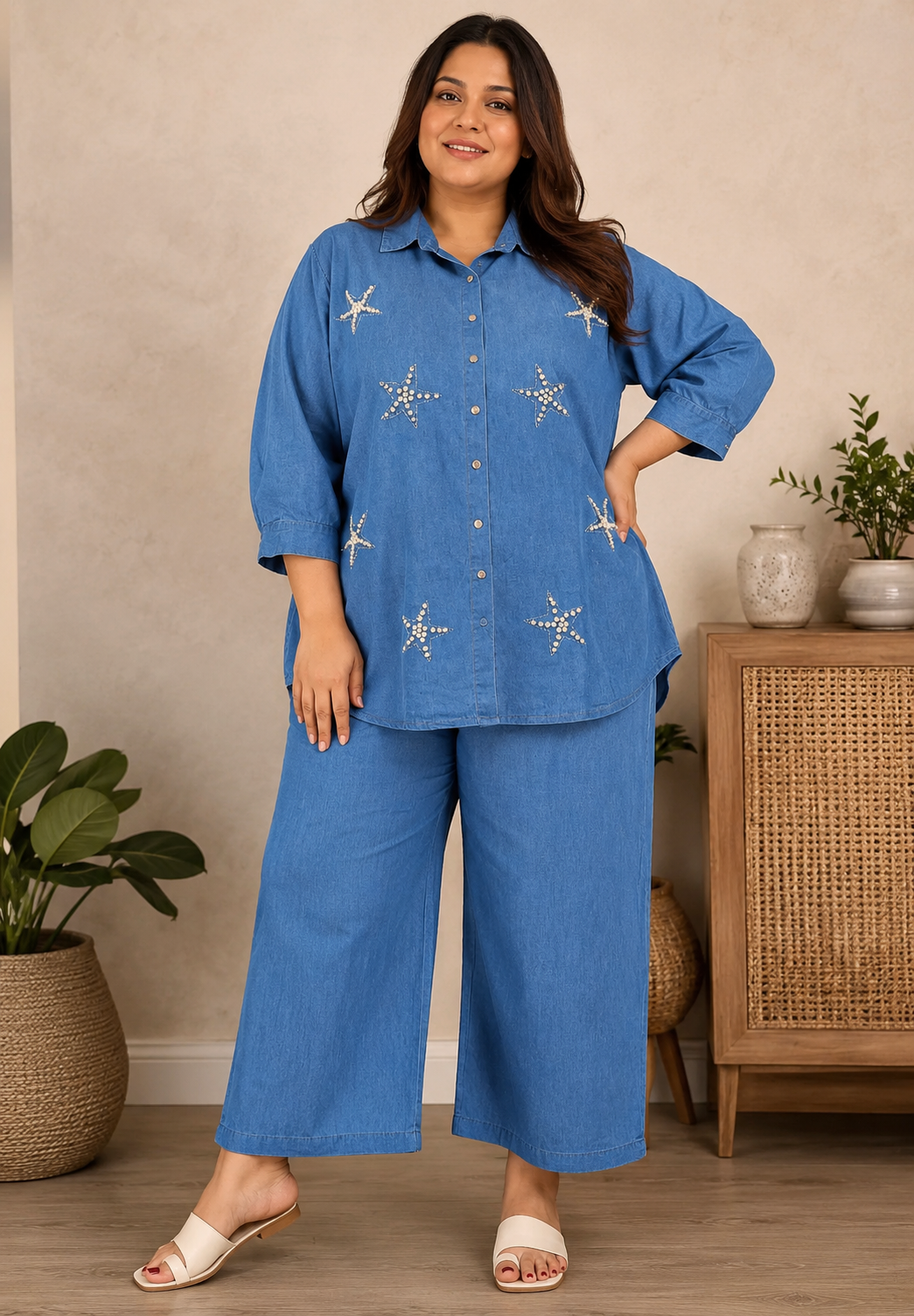 Celestial Pearl-Embroidered Denim Shirt & Wide-Leg Trouser Set