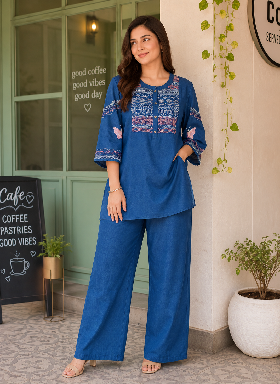 Butterfly Minimalist: Royal Blue Embroidered Co-Ord Set