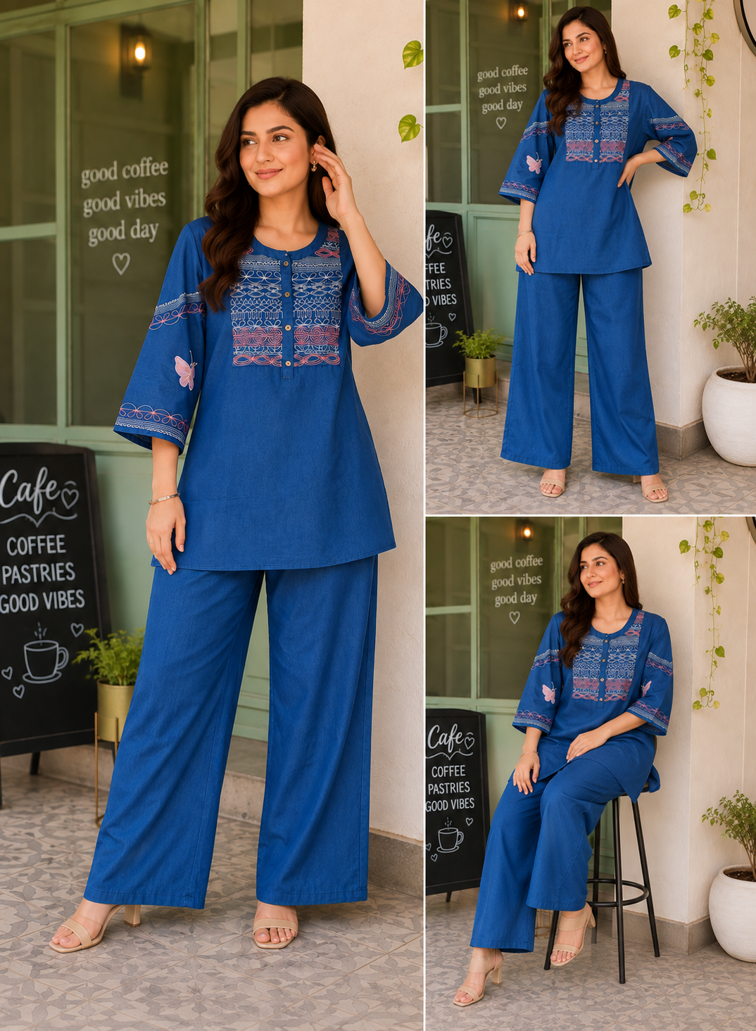 Butterfly Minimalist: Royal Blue Embroidered Co-Ord Set