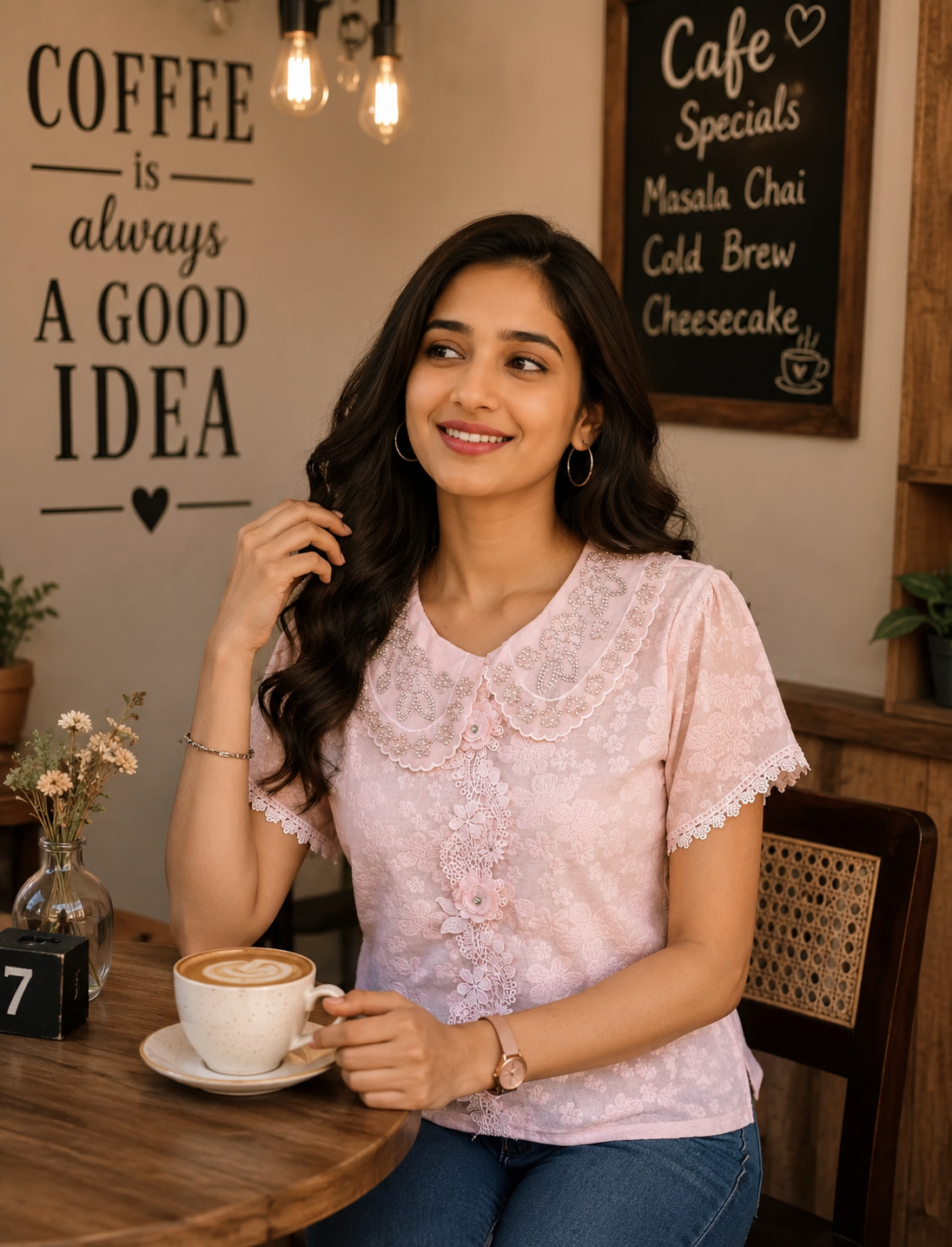 Pearl Collar Floral Lace Top