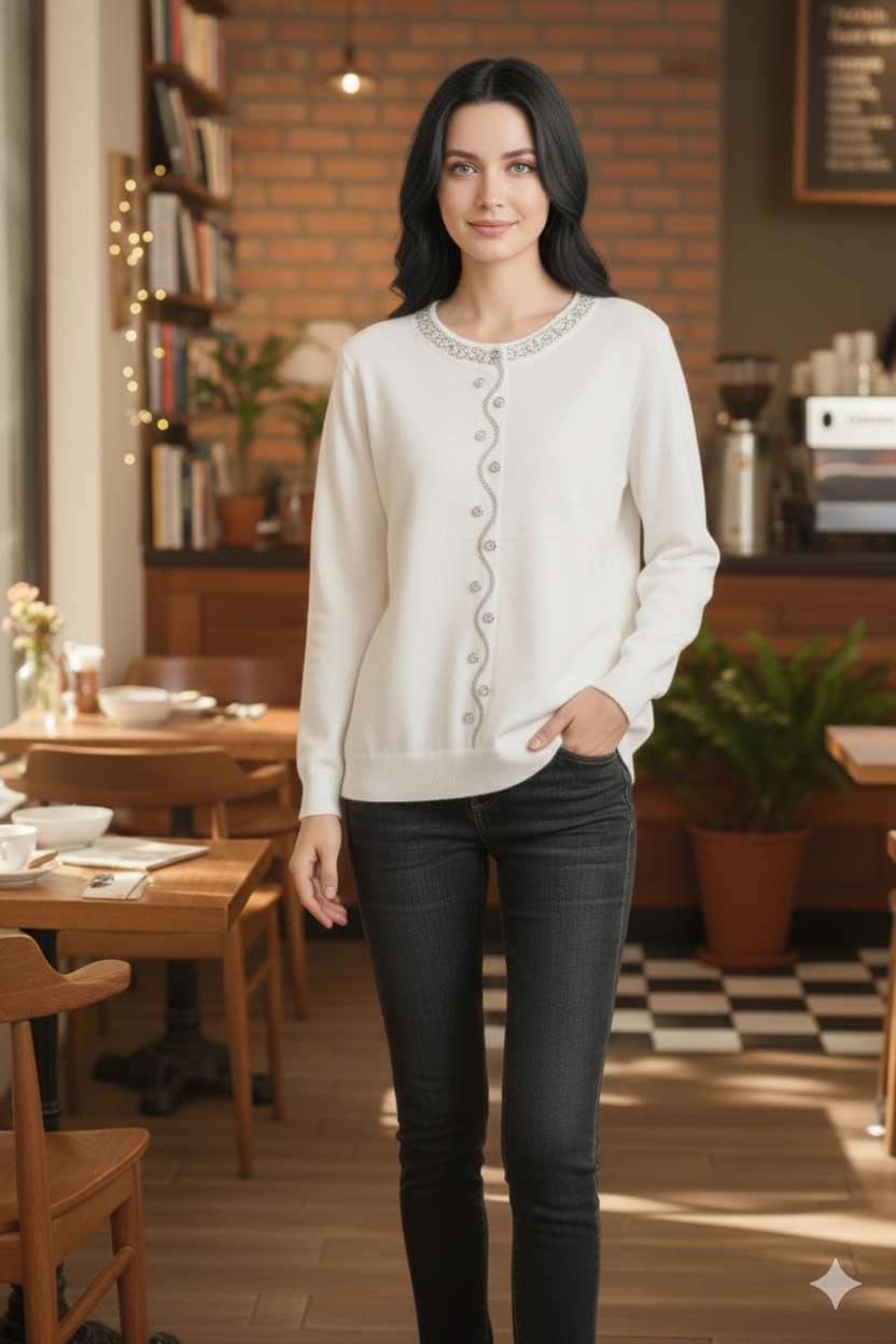 Embellished Knit Sweater with Wavy Button Detail