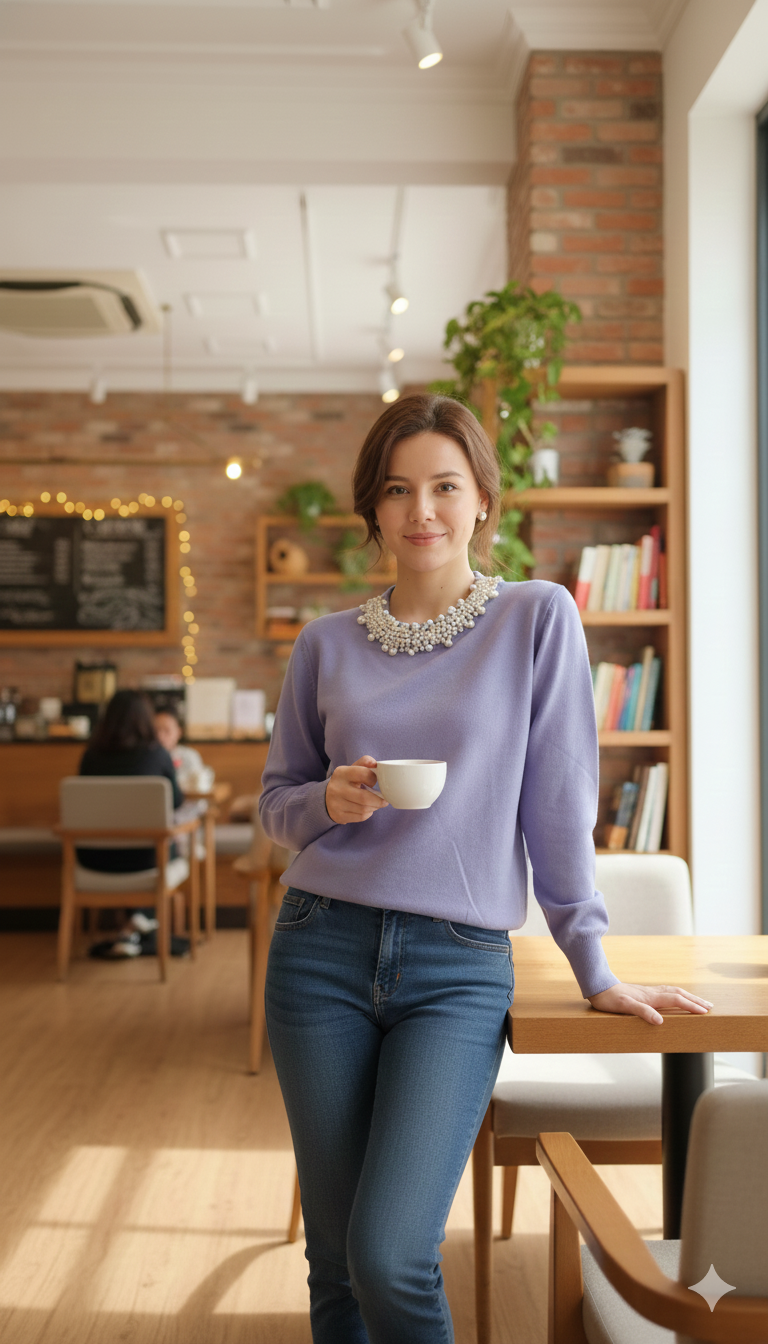 Elegant Crewneck Sweater with Faux Pearl Detail