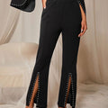 Modely Pearls Beaded Split Hem Flare Leg Pants - Black