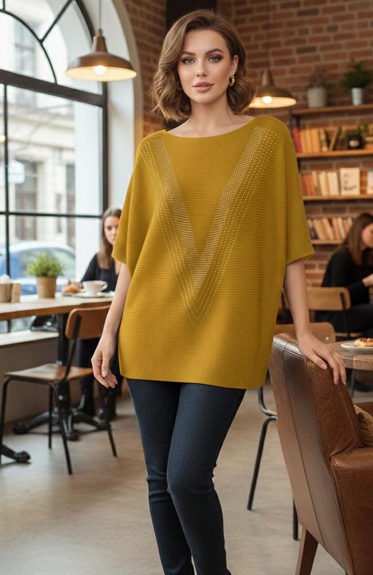 Textured Ribbed Blouse with Shimmering V-Pattern top
