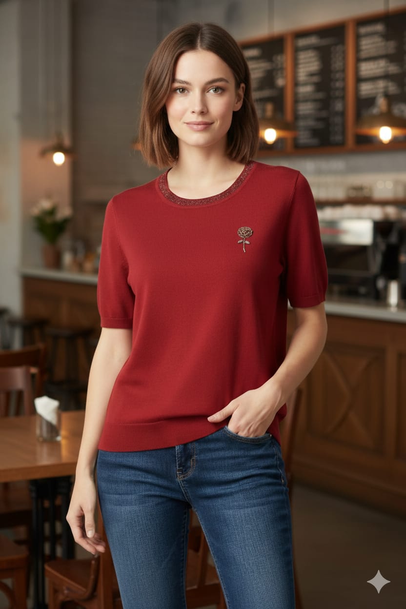 "Embellished Rose Detail and Rhinestone Crew Neck top"