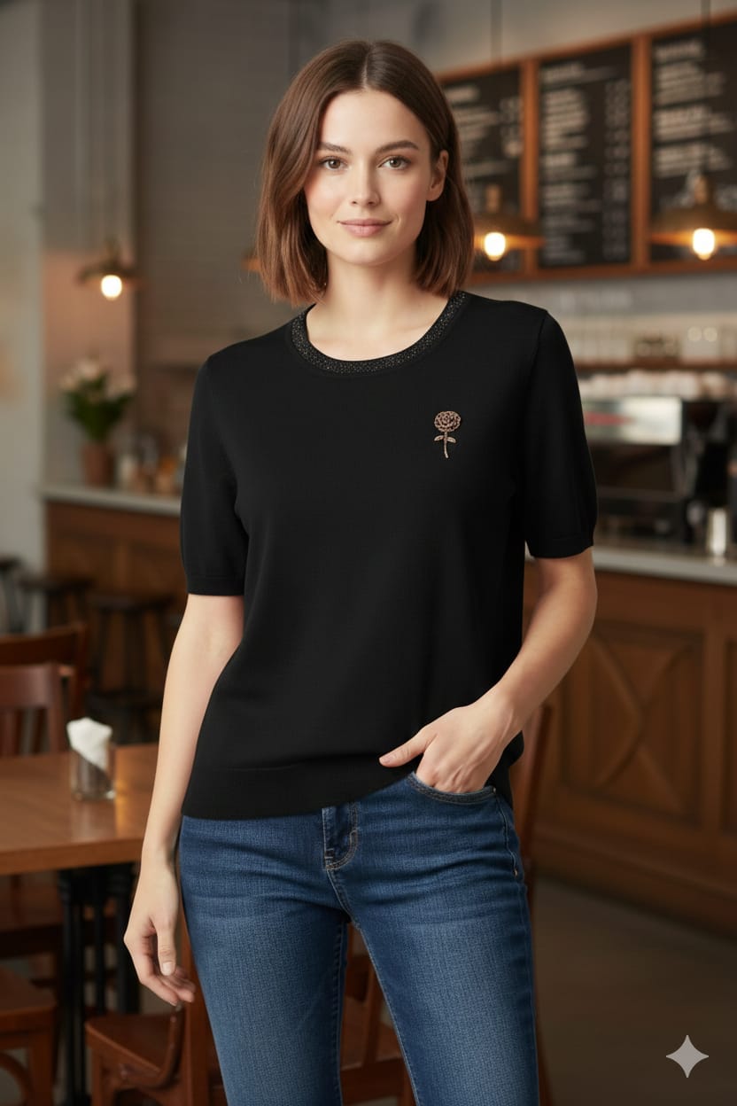 "Embellished Rose Detail and Rhinestone Crew Neck top"