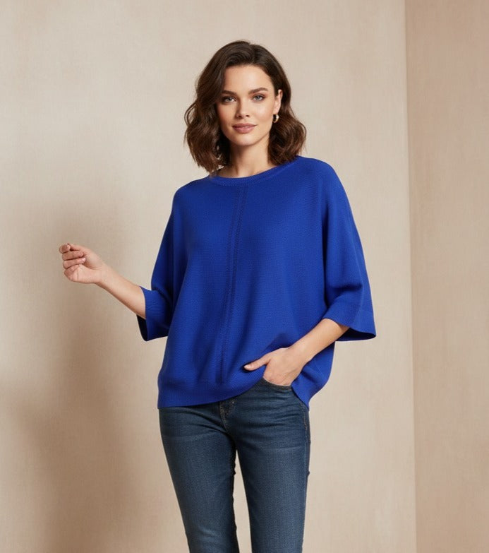 "Royal Blue Batwing Ribbed Knit Top with Vertical Pointelle Detail"