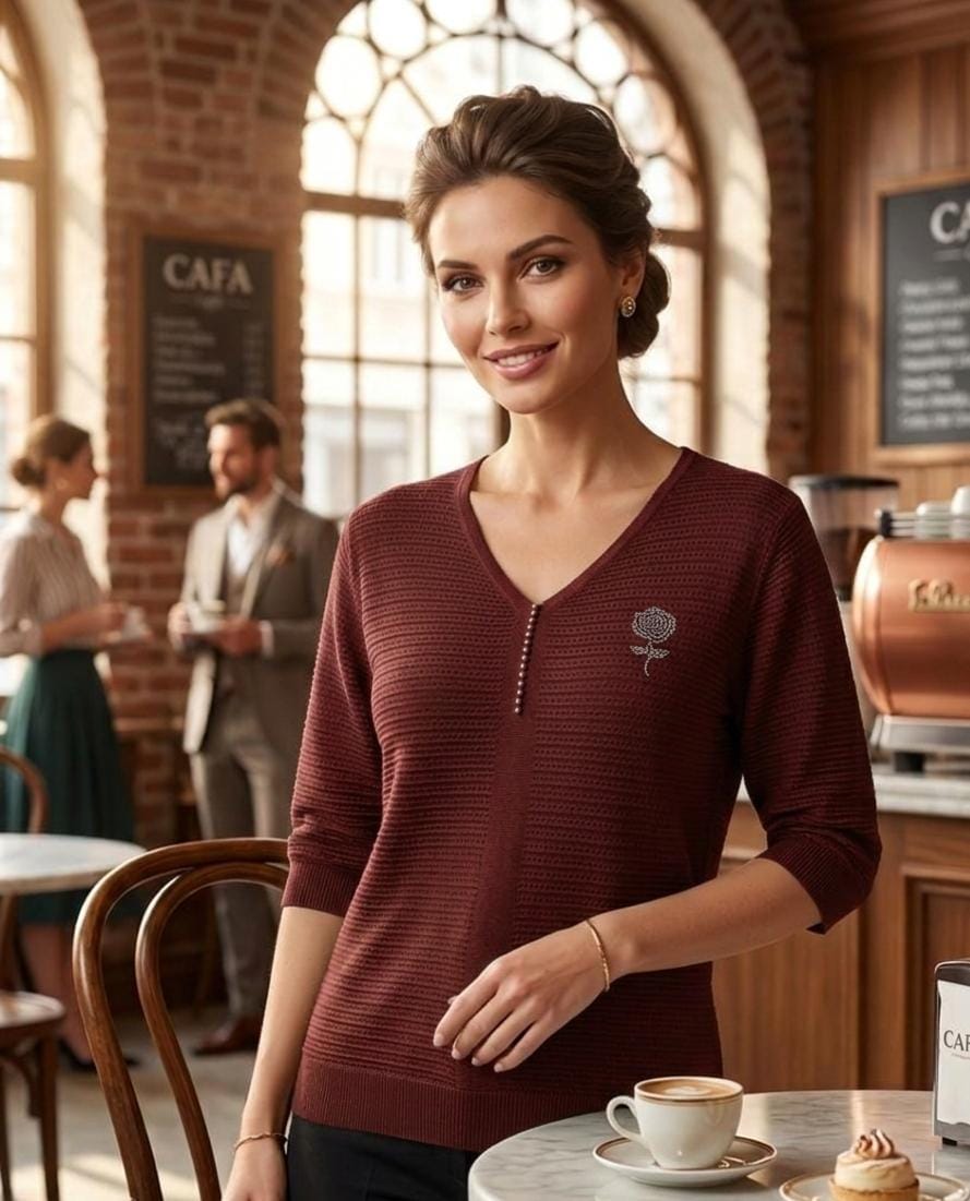 Merlot V-Neck with Embellished Rose top