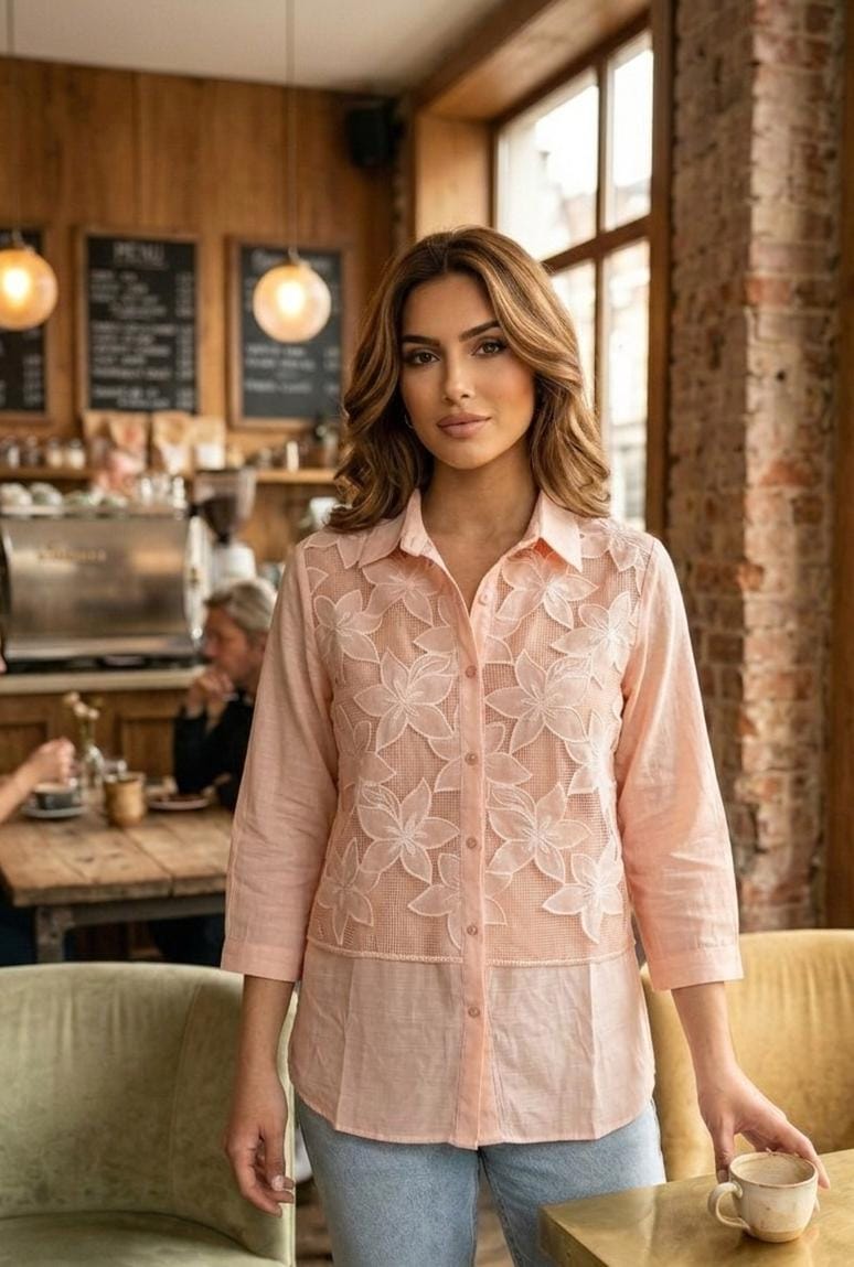 " Embroidered Eyelet Linen Blouse" shrit