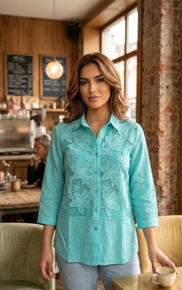 " Embroidered Eyelet Linen Blouse" shrit