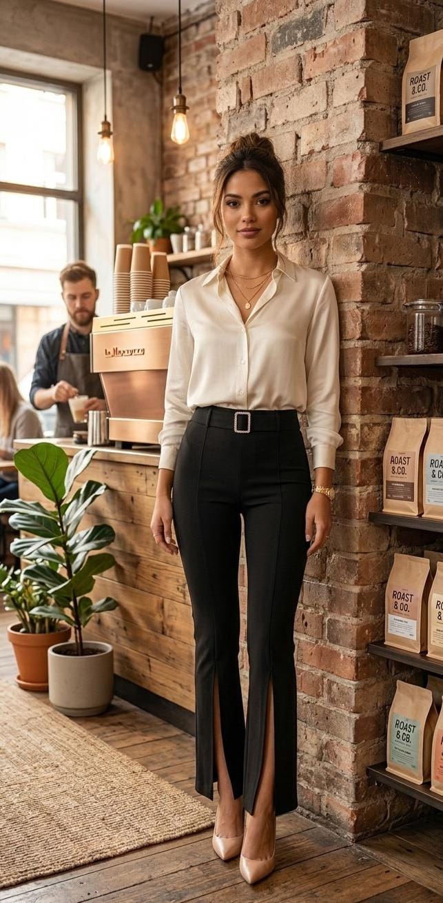 High-Waisted pants with a front buckle and front cut