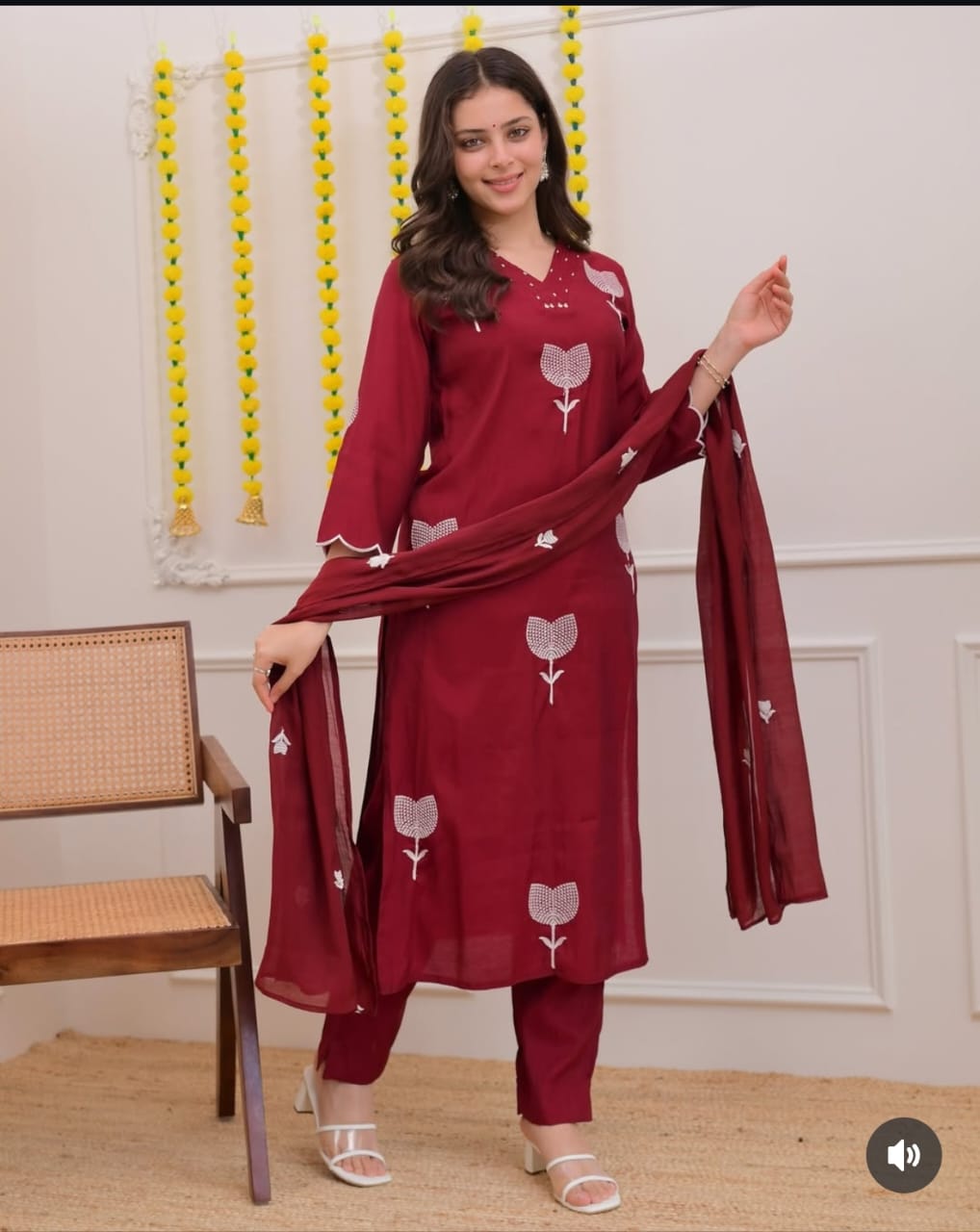 V-Neck Silk Kurta Set with White Floral Embroidery