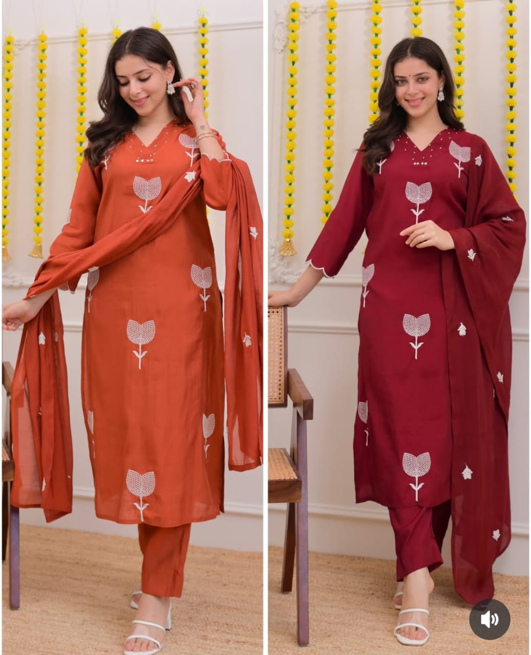 V-Neck Silk Kurta Set with White Floral Embroidery