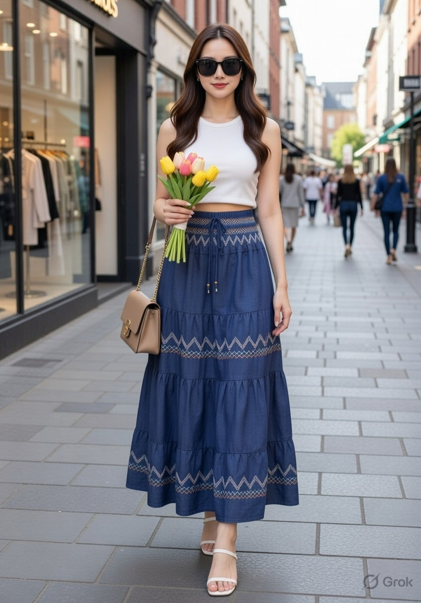 Zig-zag geometric embroidery skirt