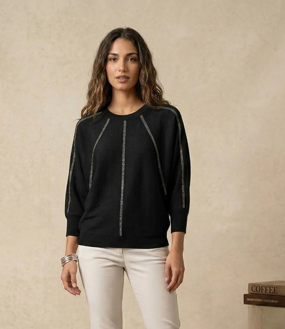 Rhinestone Trim Radial Stripe Round Neck top