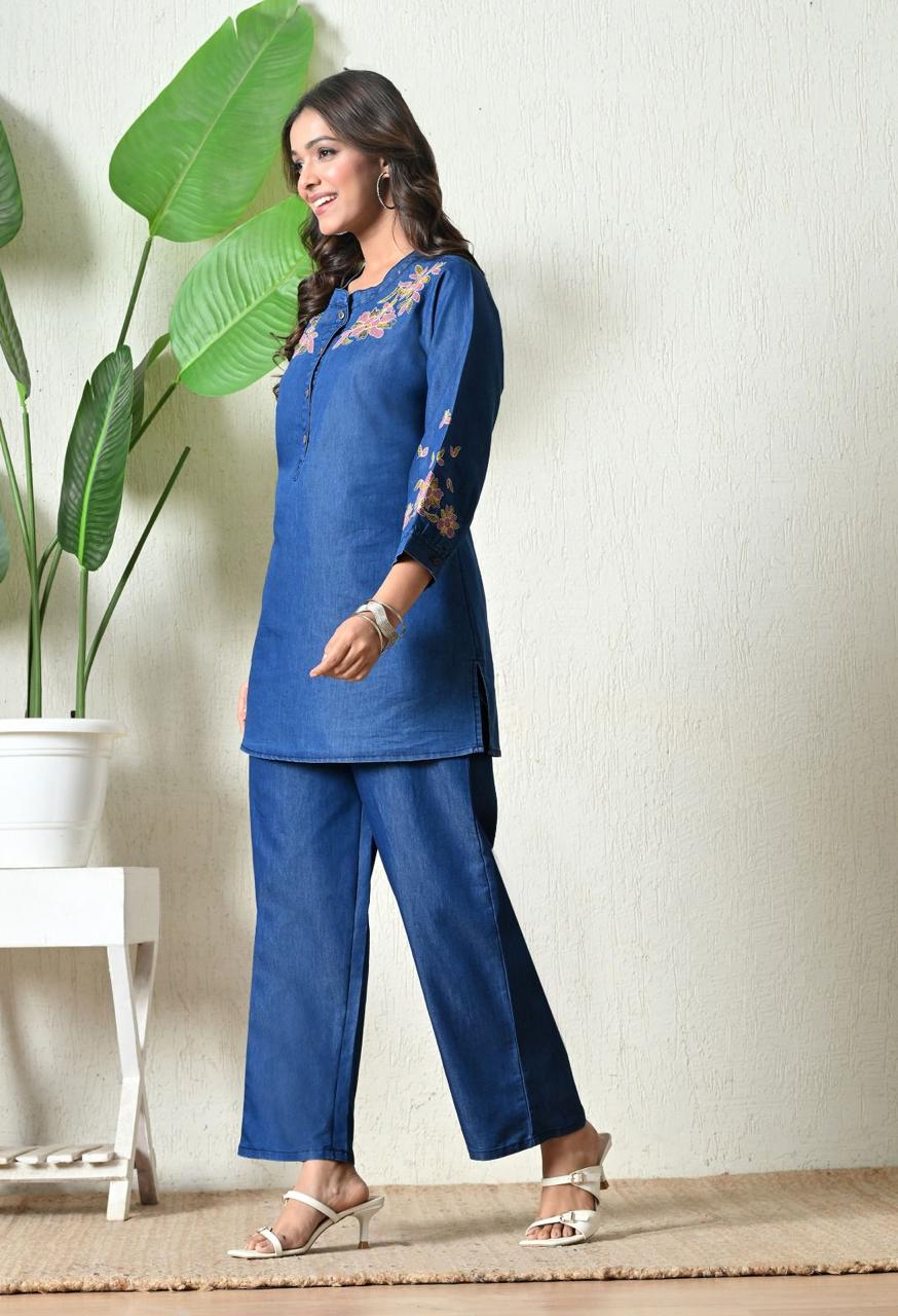 "Delicate Florals on Classic Indigo" Denim cord set