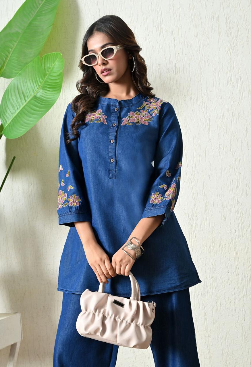 "Delicate Florals on Classic Indigo" Denim cord set