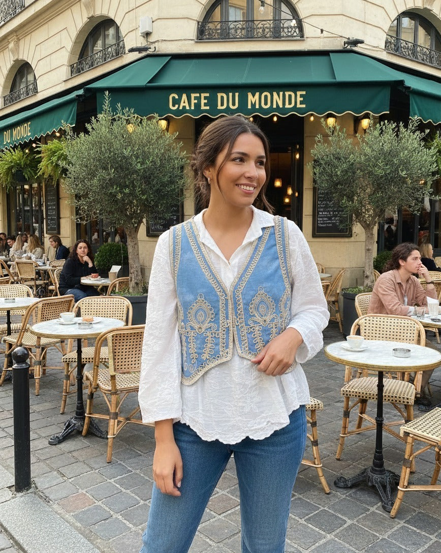 Cropped Denim Embroidered Waistcoat over a White Floral Eyelet Shirt