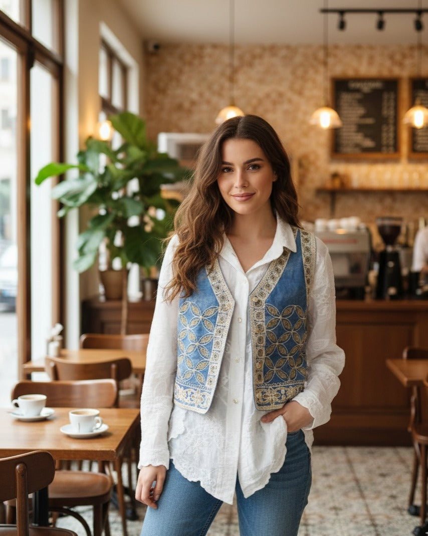 Cropped Denim Embroidered Waistcoat over a White Floral Eyelet Shirt