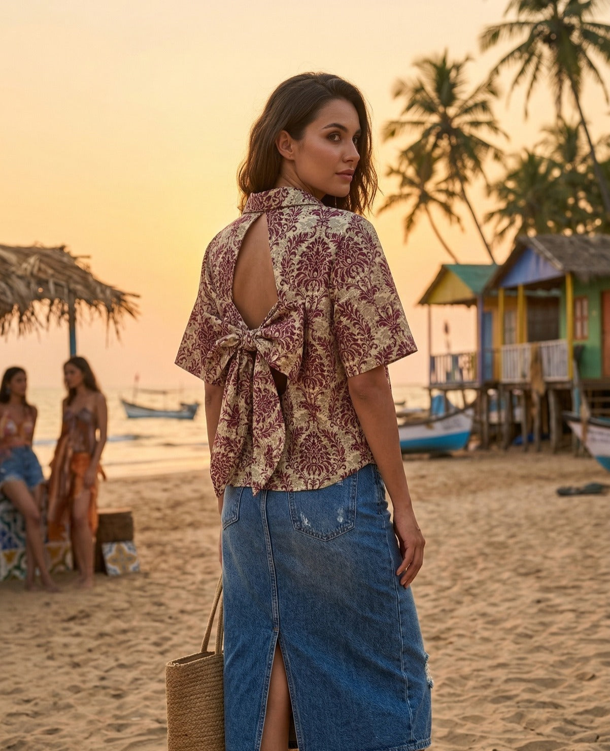 Damask Print Shirt with Cut-Out Bow Back