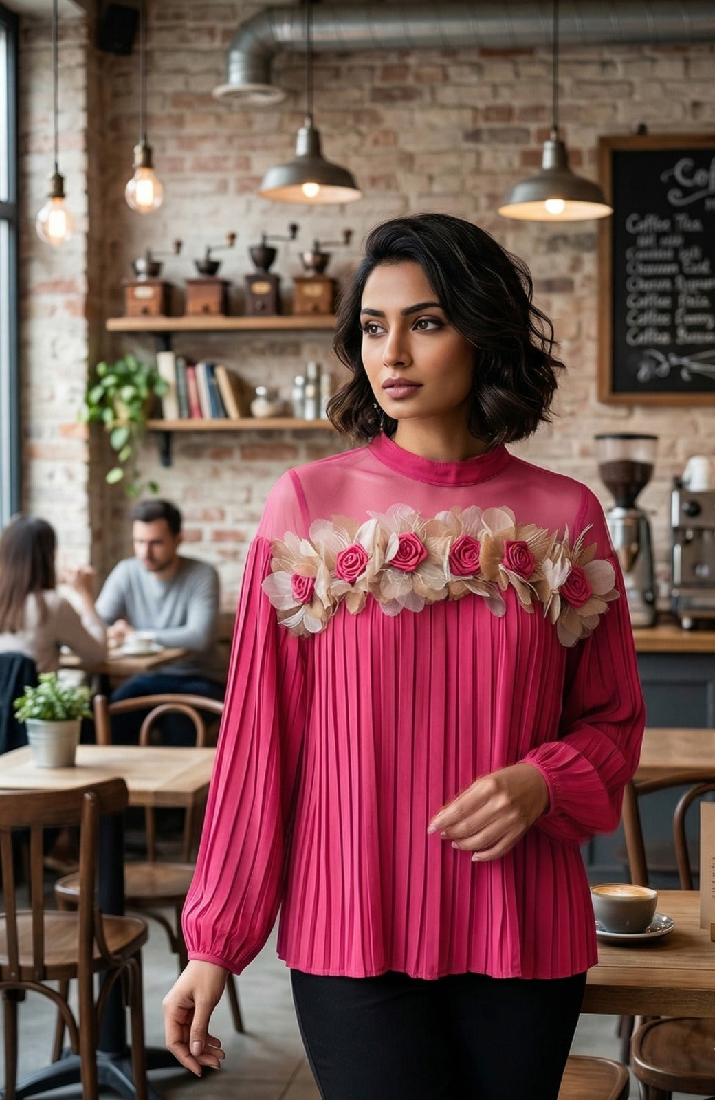3D Floral Mesh Pleated Top
