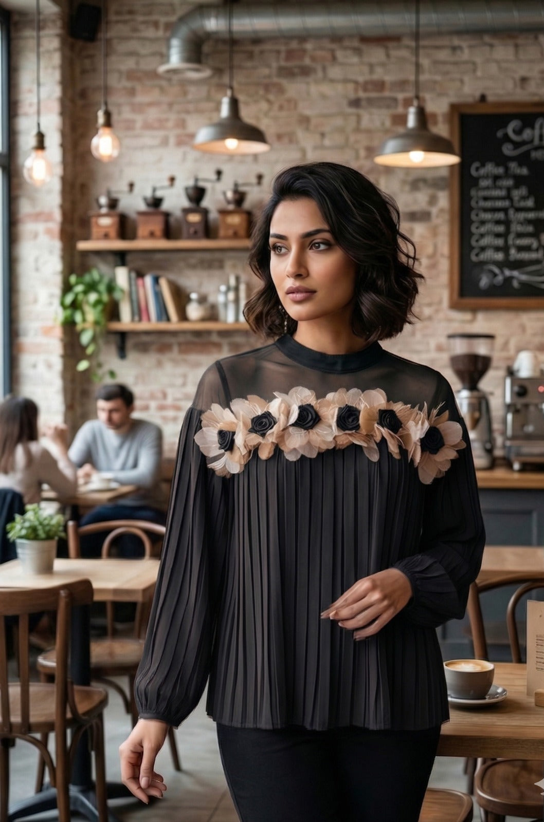 3D Floral Mesh Pleated Top
