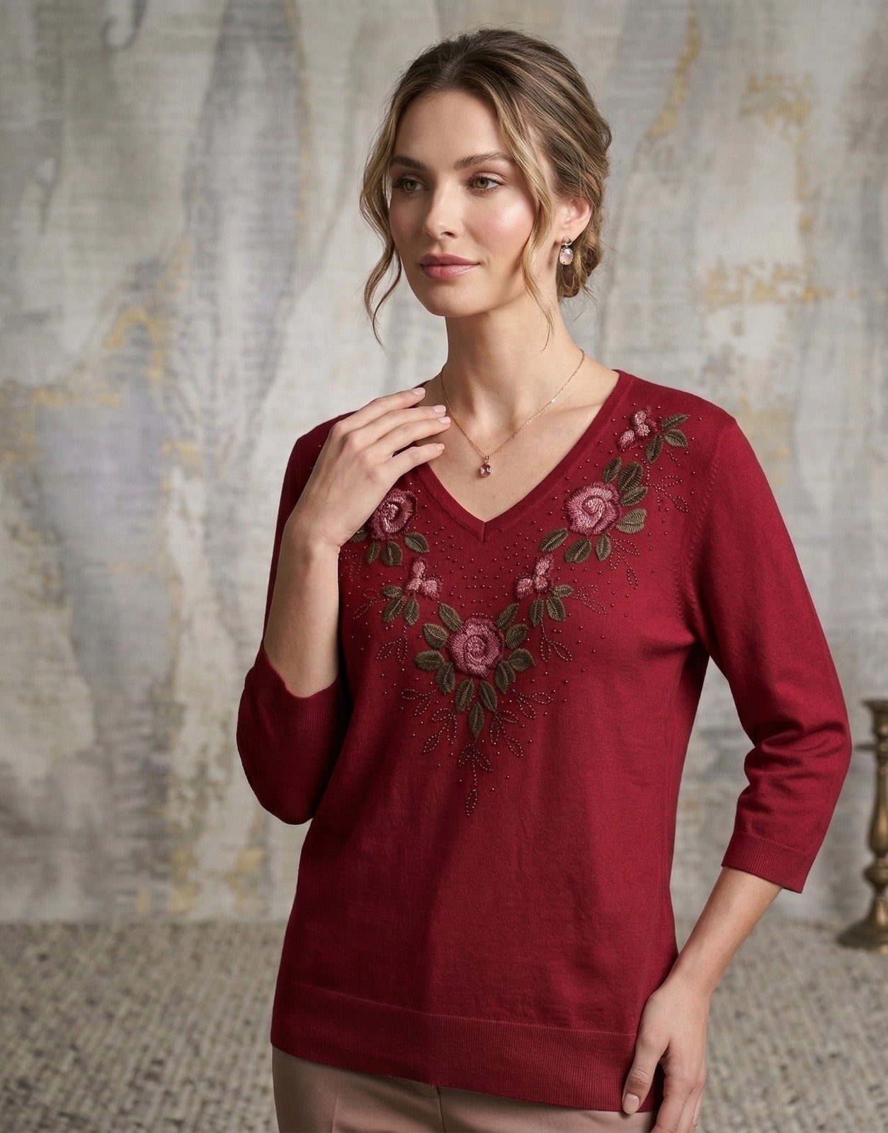 floral embroidery V-neck. top