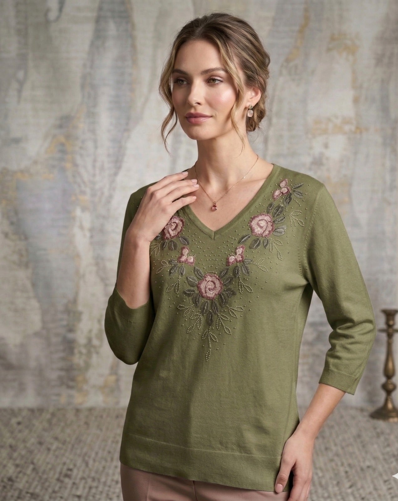 floral embroidery V-neck. top