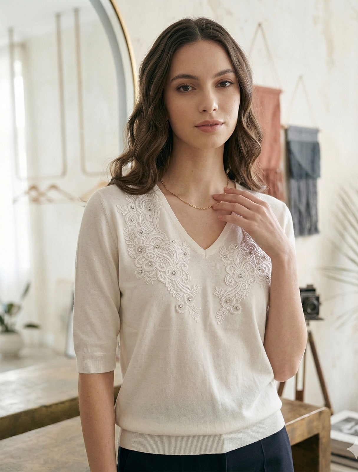 Embroidered V-Neck Knit Top