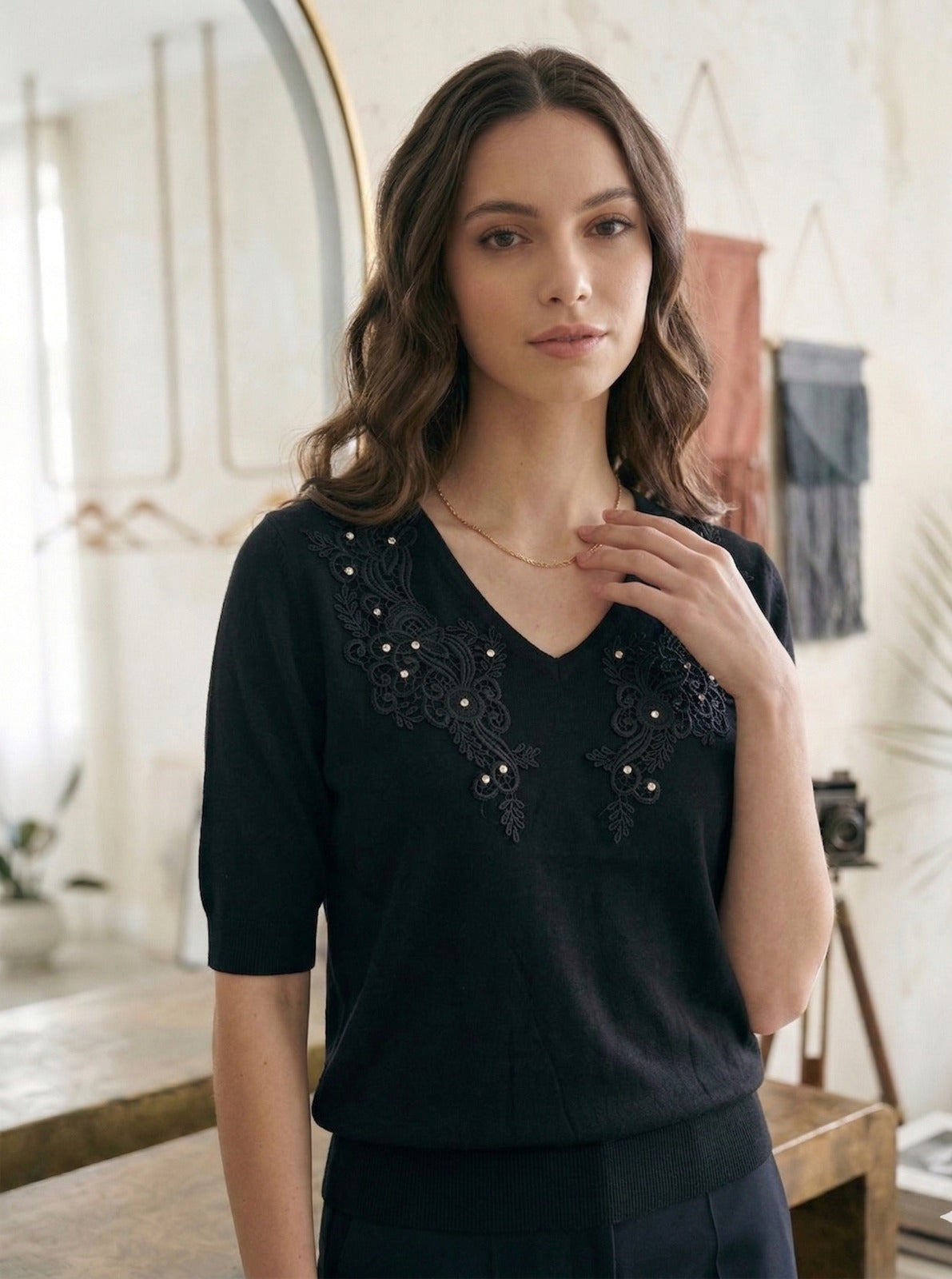 Embroidered V-Neck Knit Top