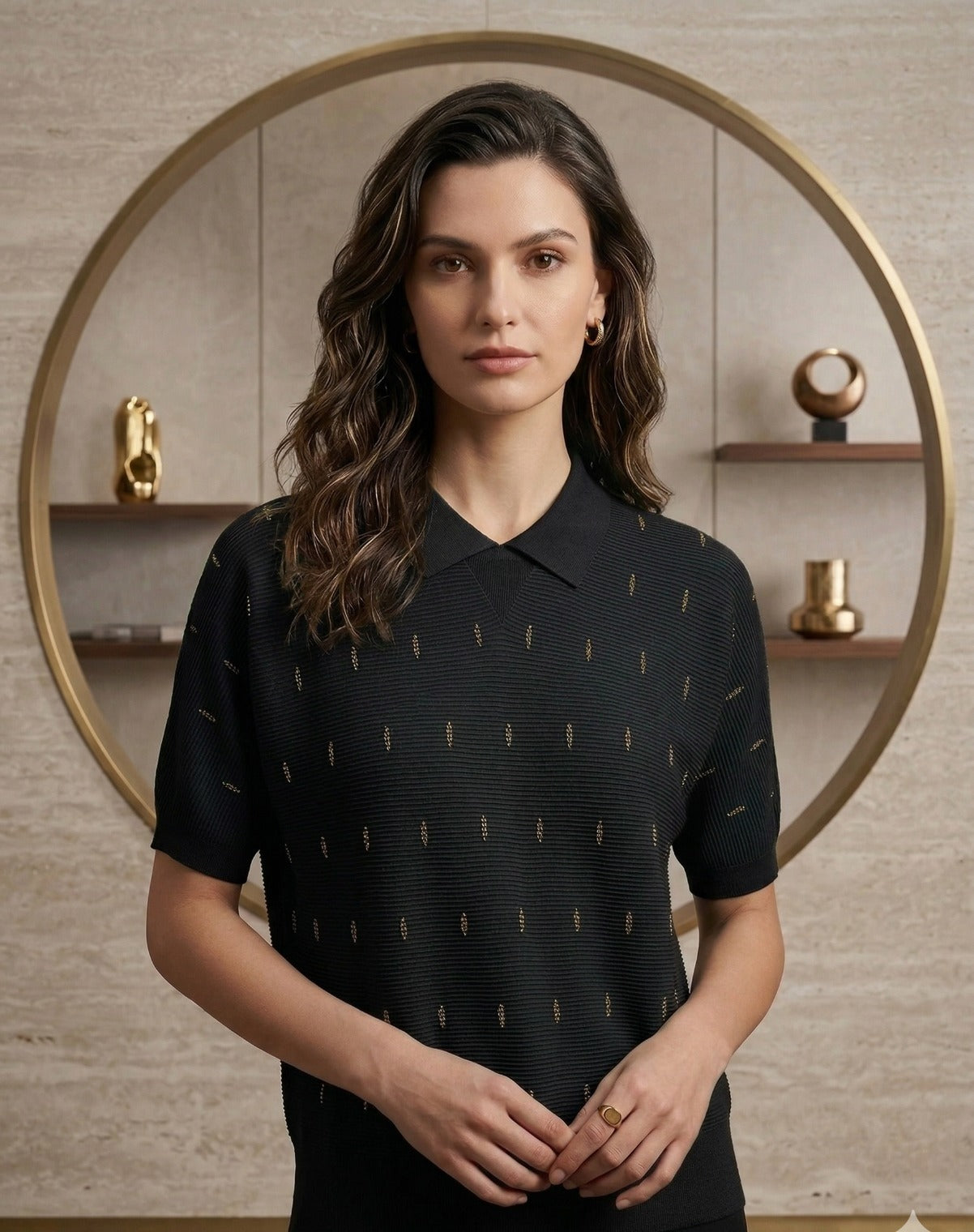 Textured Knit Short-Sleeve collar top