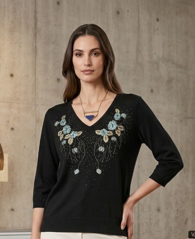 Embroidered V-Neck Knit Top with Floral Beadwork