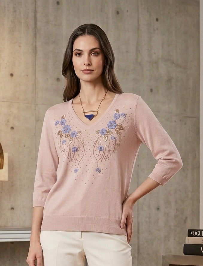 Embroidered V-Neck Knit Top with Floral Beadwork