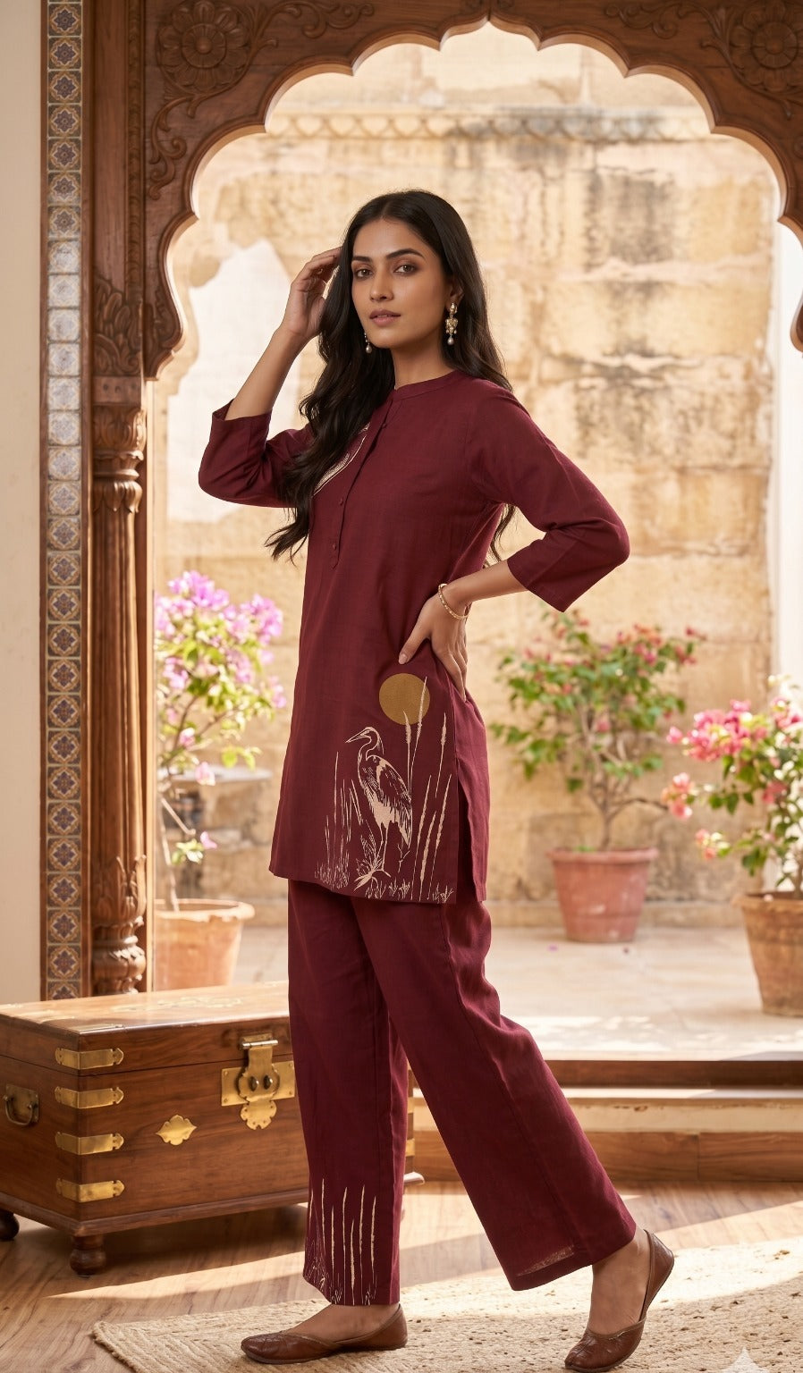 Embroidery Wine Cotton Cordset