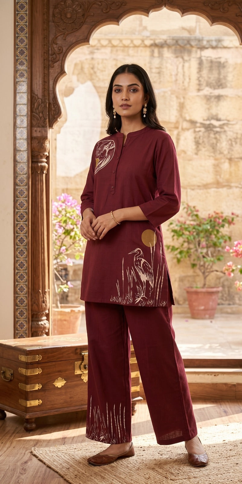 Embroidery Wine Cotton Cordset