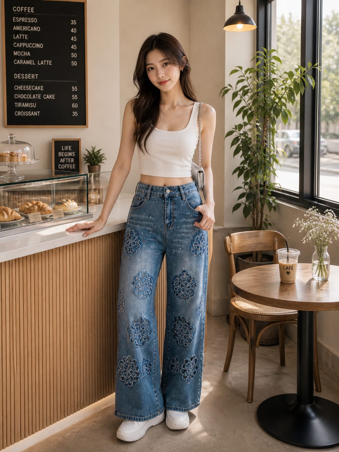 Floral Lattice High-Rise Wide Leg Jeans