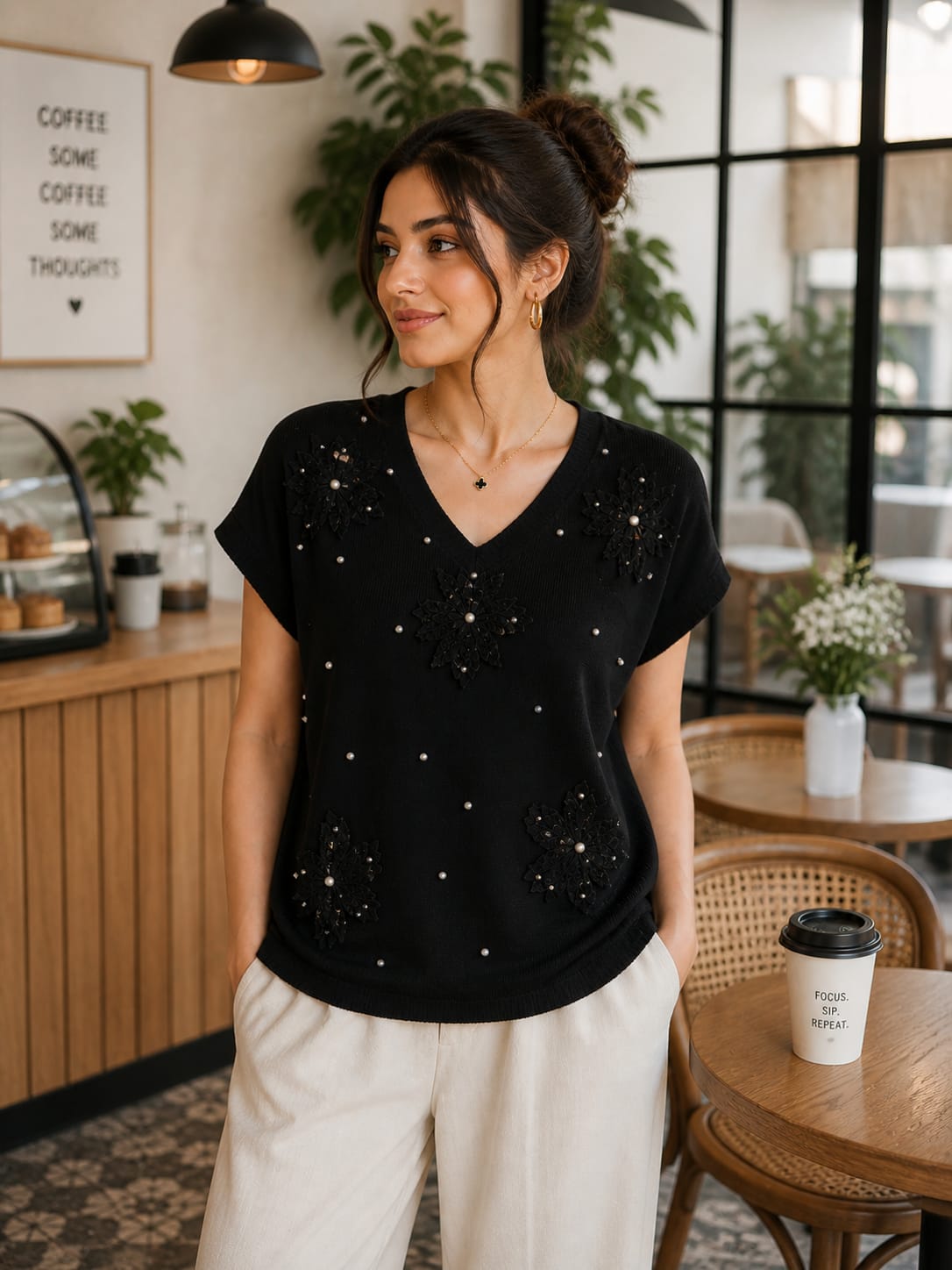 Floral Lace & Pearl Detailed V-Neck