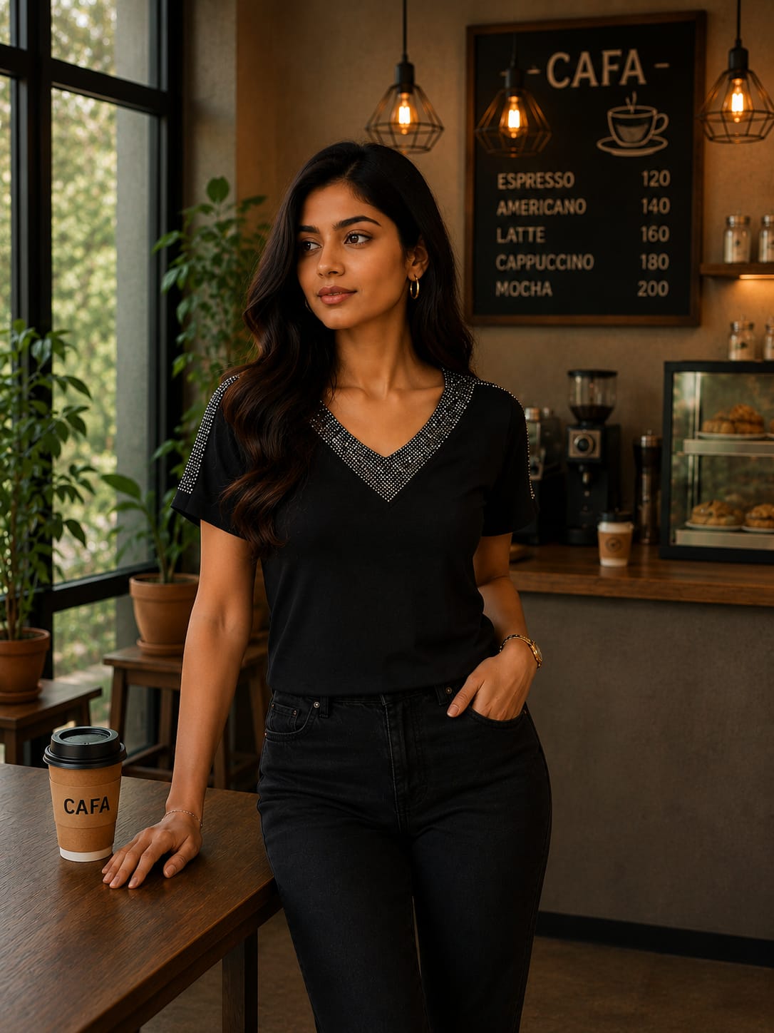 Shimmer Rhinestone V-Neck Top