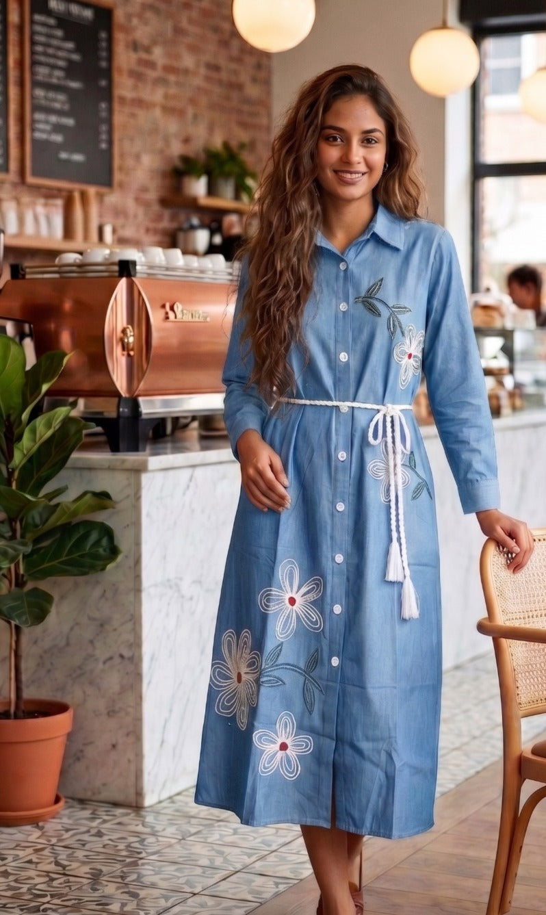 Floral Embroidered Denim Dress with Tassel Belt