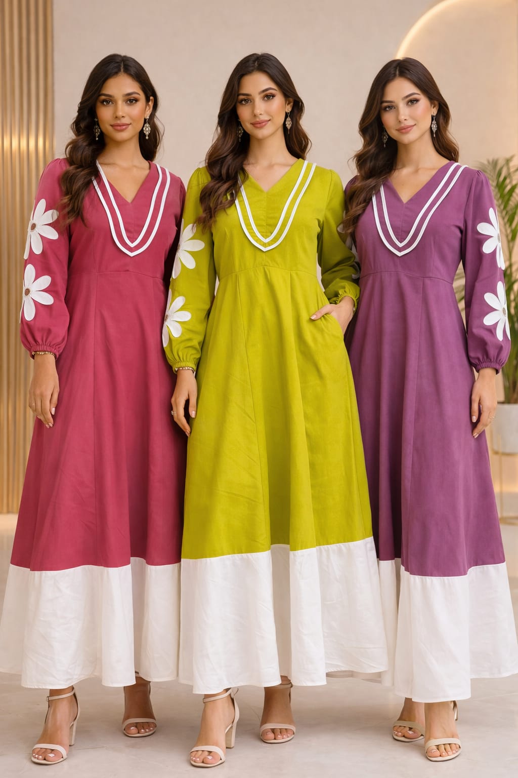 Floral Applique Long-Sleeve Maxi Dress with Contrast Panel