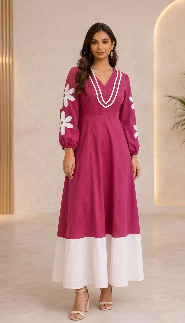 Floral Applique Long-Sleeve Maxi Dress with Contrast Panel