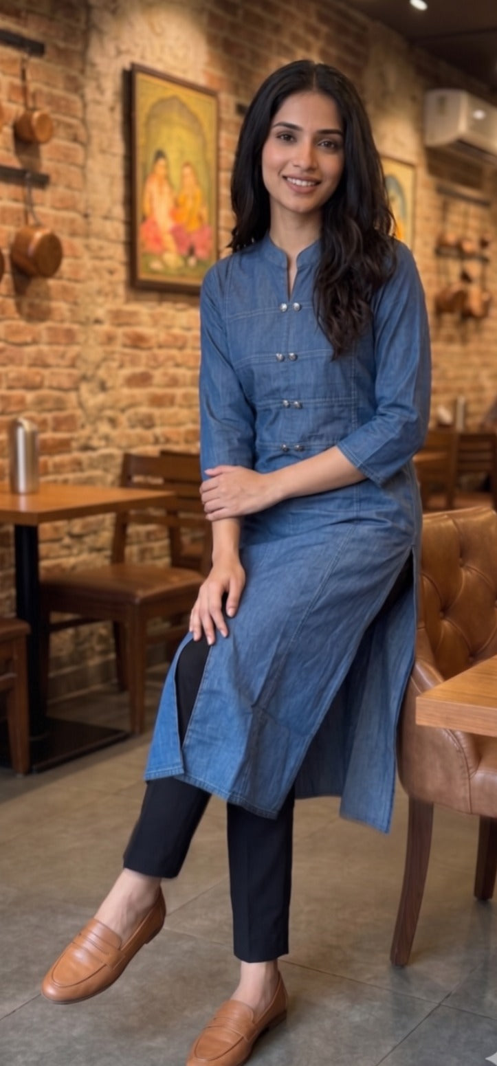 Denim Blue Straight Kurti with Mandarin Collar and Front Slit