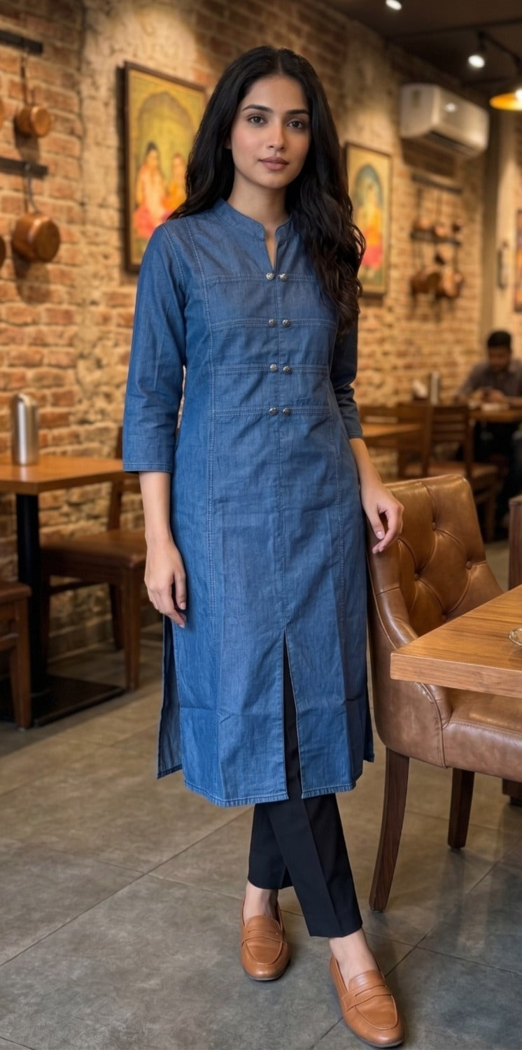 Denim Blue Straight Kurti with Mandarin Collar and Front Slit