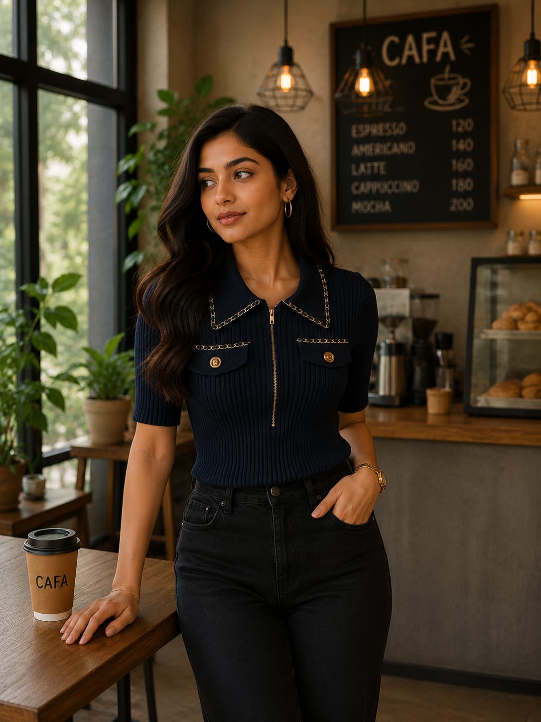 Half-Zip collar Ribbed Knit top