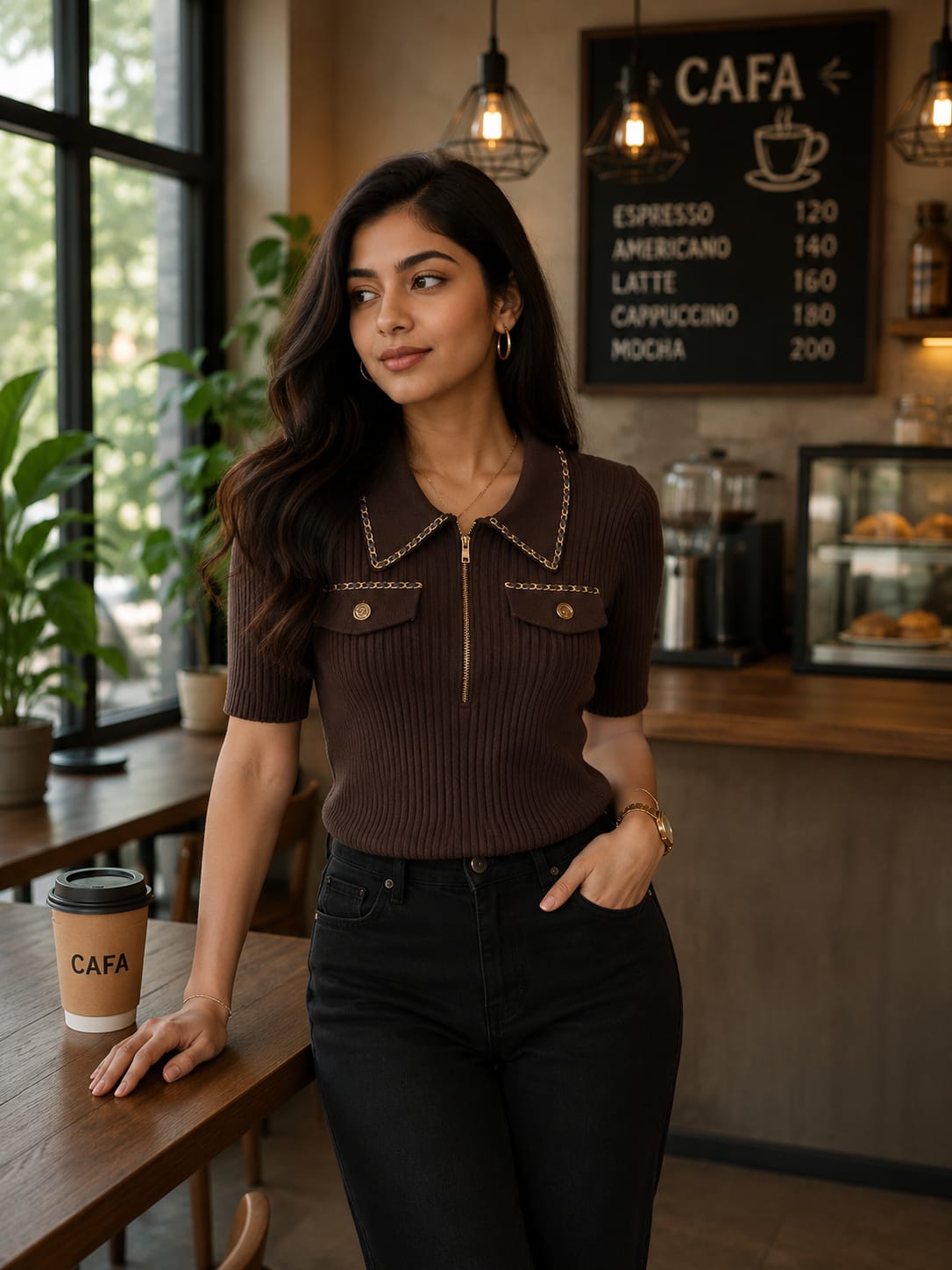 Half-Zip collar Ribbed Knit top