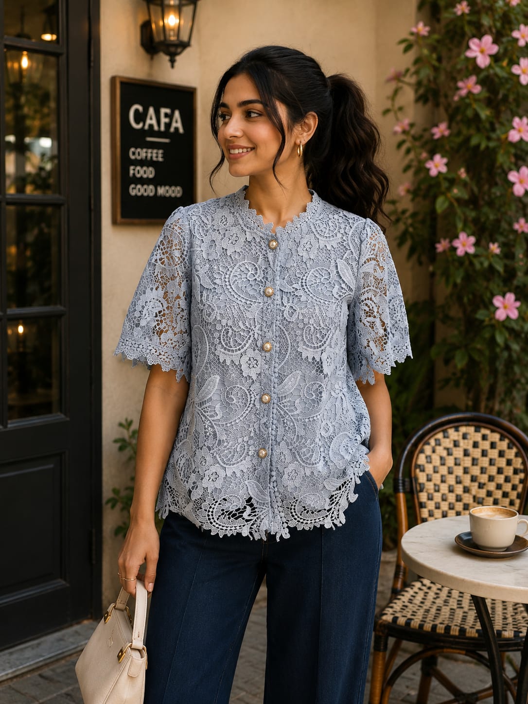 Luxe Floral Pearl-Button Floral Lace Shirt