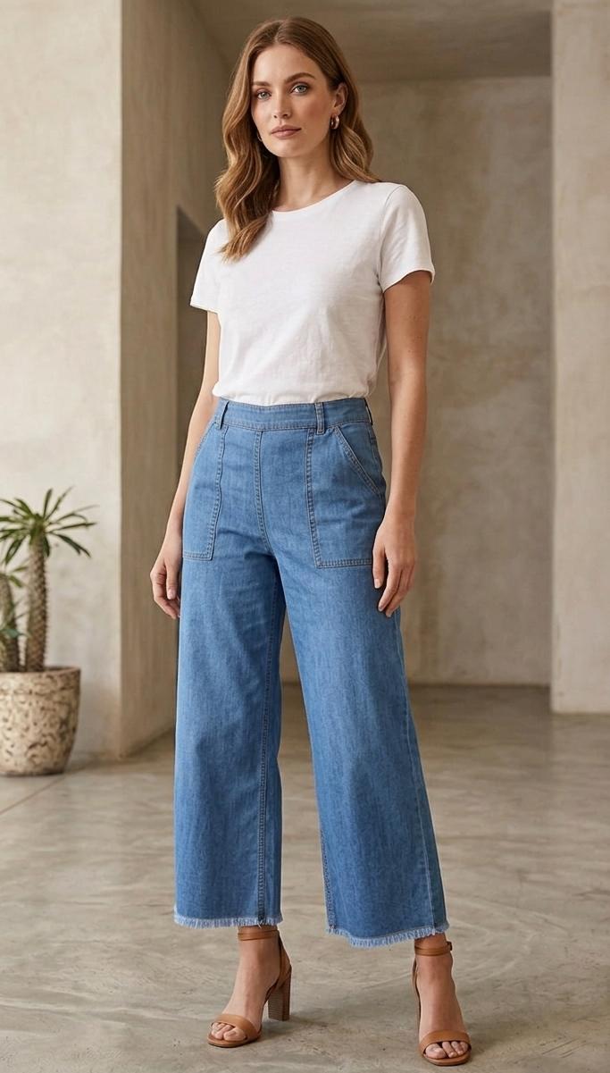 Women's Light Wash High-Waist Wide Leg Denim Pants
