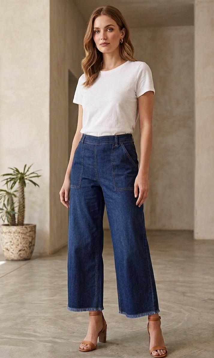 Women's Light Wash High-Waist Wide Leg Denim Pants