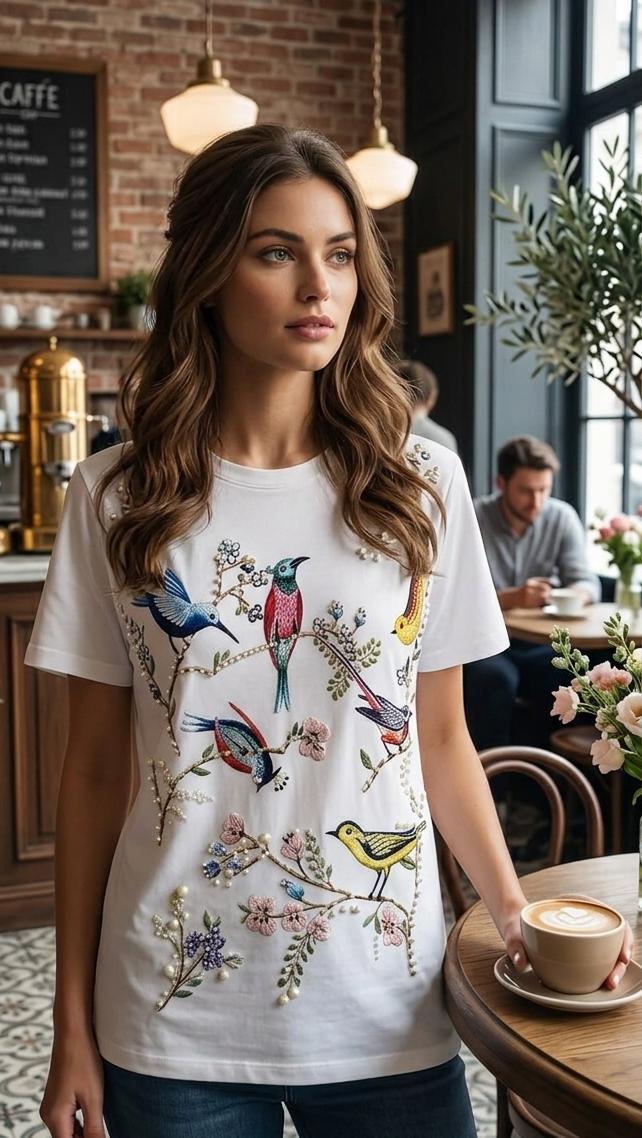 Bloom & Bird Embroidered Cotton T-Shirt